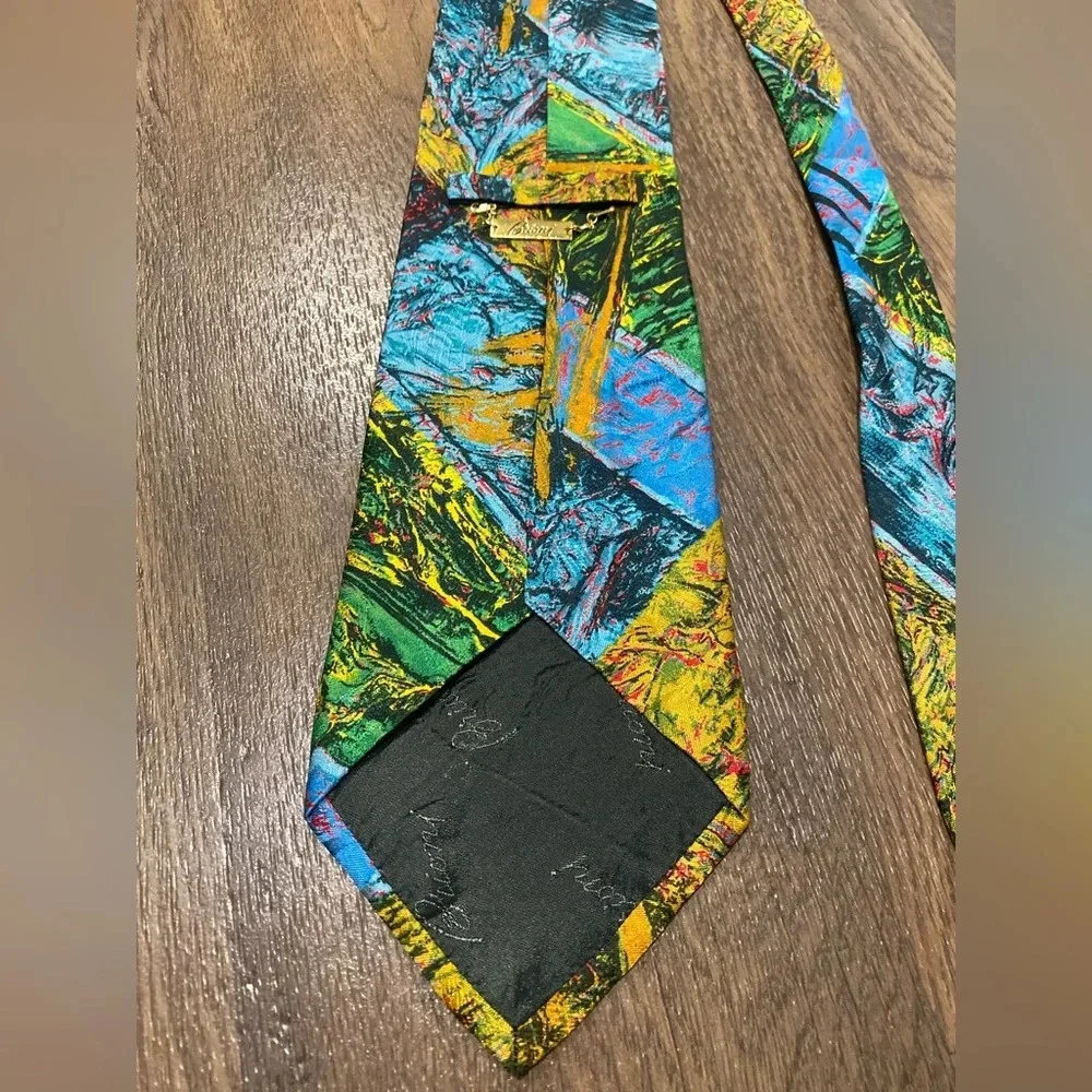 Brioni Necktie Vintage Multicolor Floral Abstract Silk Italy Gold Chain